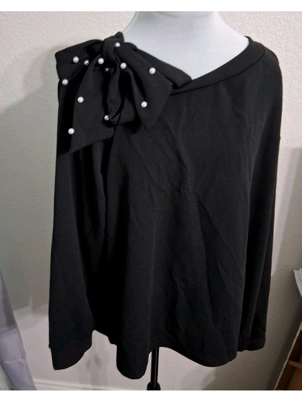 Black White Pearl Off Shoulder Bow Top, Long Sleeve, 3x, Fits Like 1x US, GUC